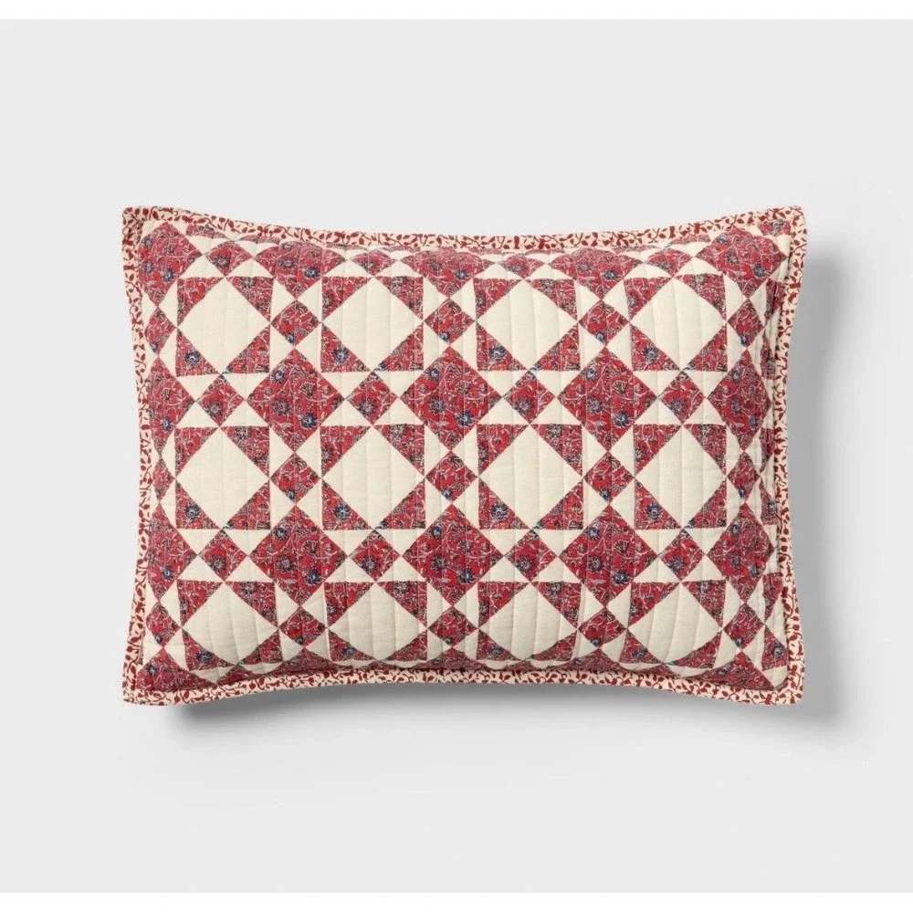 Threshold Studio McGee Red Cream Geometric Floral Quilt Set King 3pc